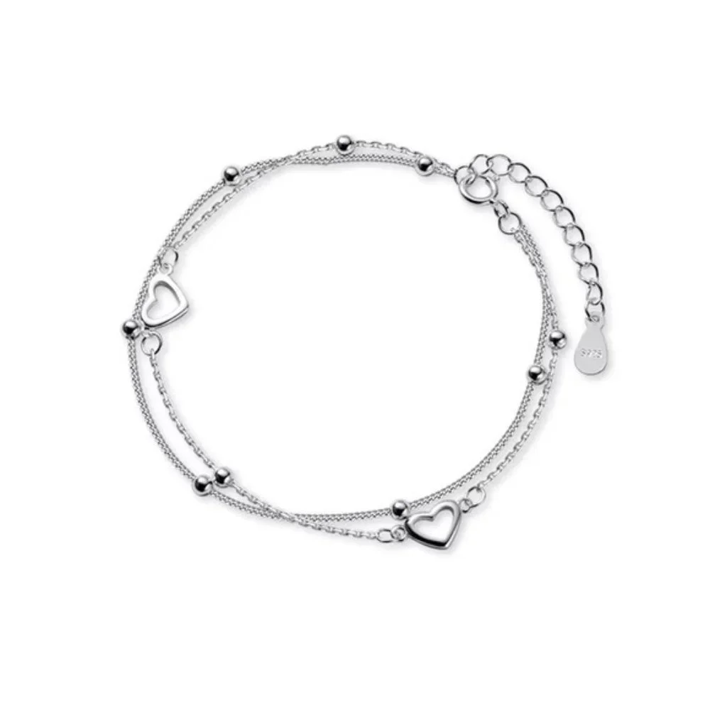 925 Sterling Silver Double Layer Bracelet Heart For Women Sweet Chain St… - Picture 6 of 6